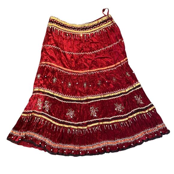 Chaudry KC Boho Red Tiered Sequin Floral Embroidered Velvet Midi Skirt- Sz Large - Picture 1 of 12